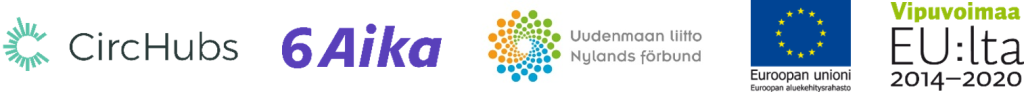 kuvassa logot: CircHubs, 6Aika, Uudenmaan liitto, Euroopan Unioini/Euroopan aluekehitysrahasto ja Vipuvoimaa Eu:lta 2014-2020