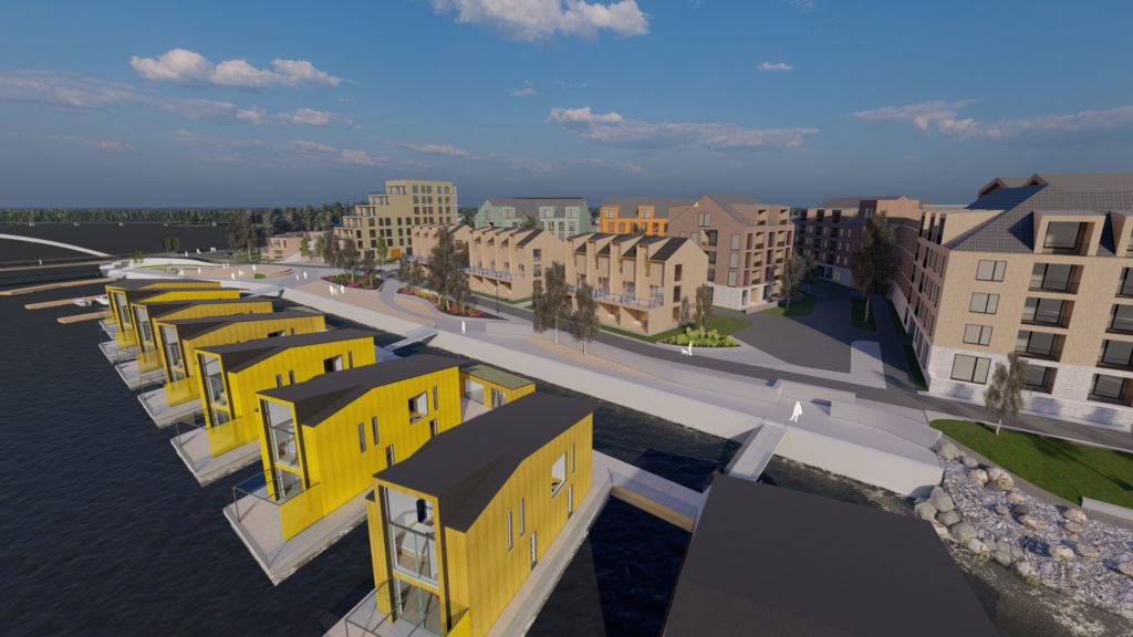 Kuvassa havainnekuva vuoden 2025 Asuntomessualueelta Vaakunakylästä, kuvassa kelluvia asuntoja.