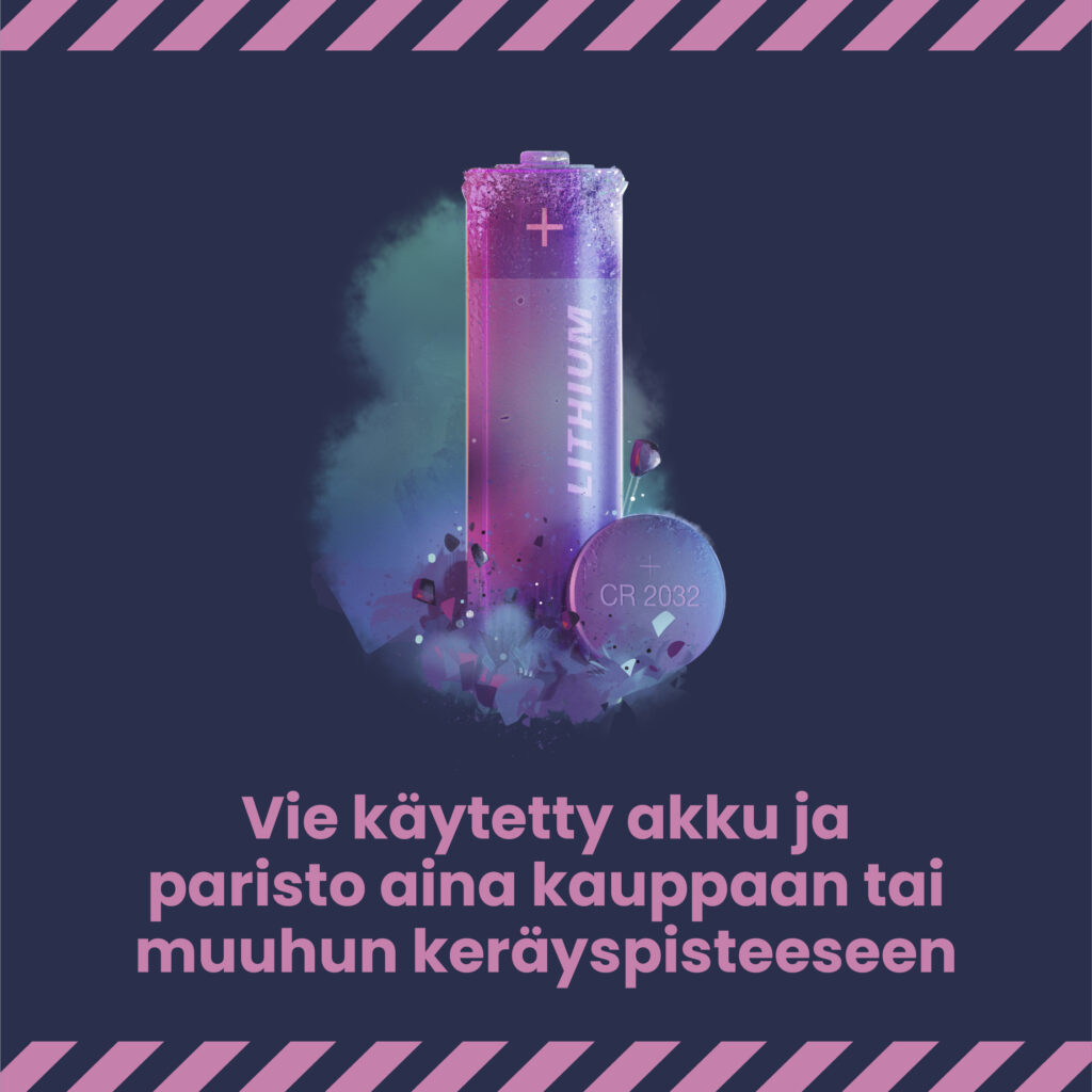Kuvassa teksti: Vie käytetty akku ja paristo aina kauppaan tai muuhun keräyspisteeseen.