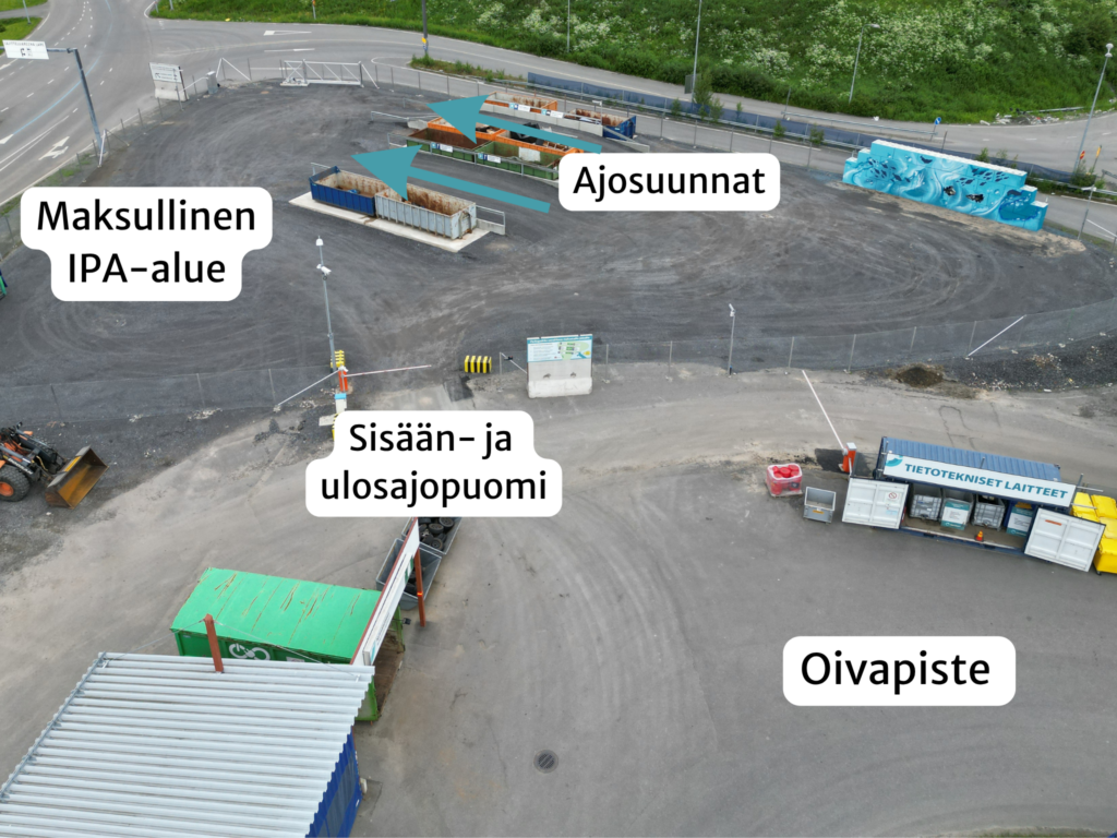 Ilmakuva maksullisesta itsepalvelualueesta. kuvaan on merkitty Oivapiste, sisään- ja ulosajopuomi, maksullinen IPA-alue ja ajosuunnat.